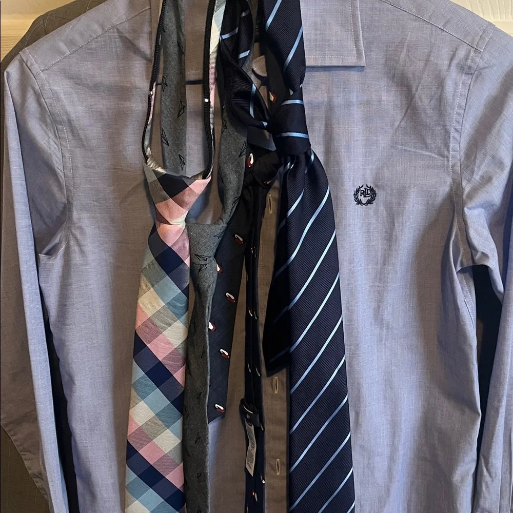 Ralph Lauren Blue Dress Shirt with Embroidered Logo- set of 4 neckties